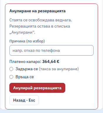 Формата „Анулиране на резервацията“: стаята се освобождава веднага и резервацията остава в списъка „Анулирани“; поле за причина, платено капаро 364,64 €, избор „Задържа се (такса за анулиране)“ или „Връща се“, бутон „Анулирай резервацията“.
