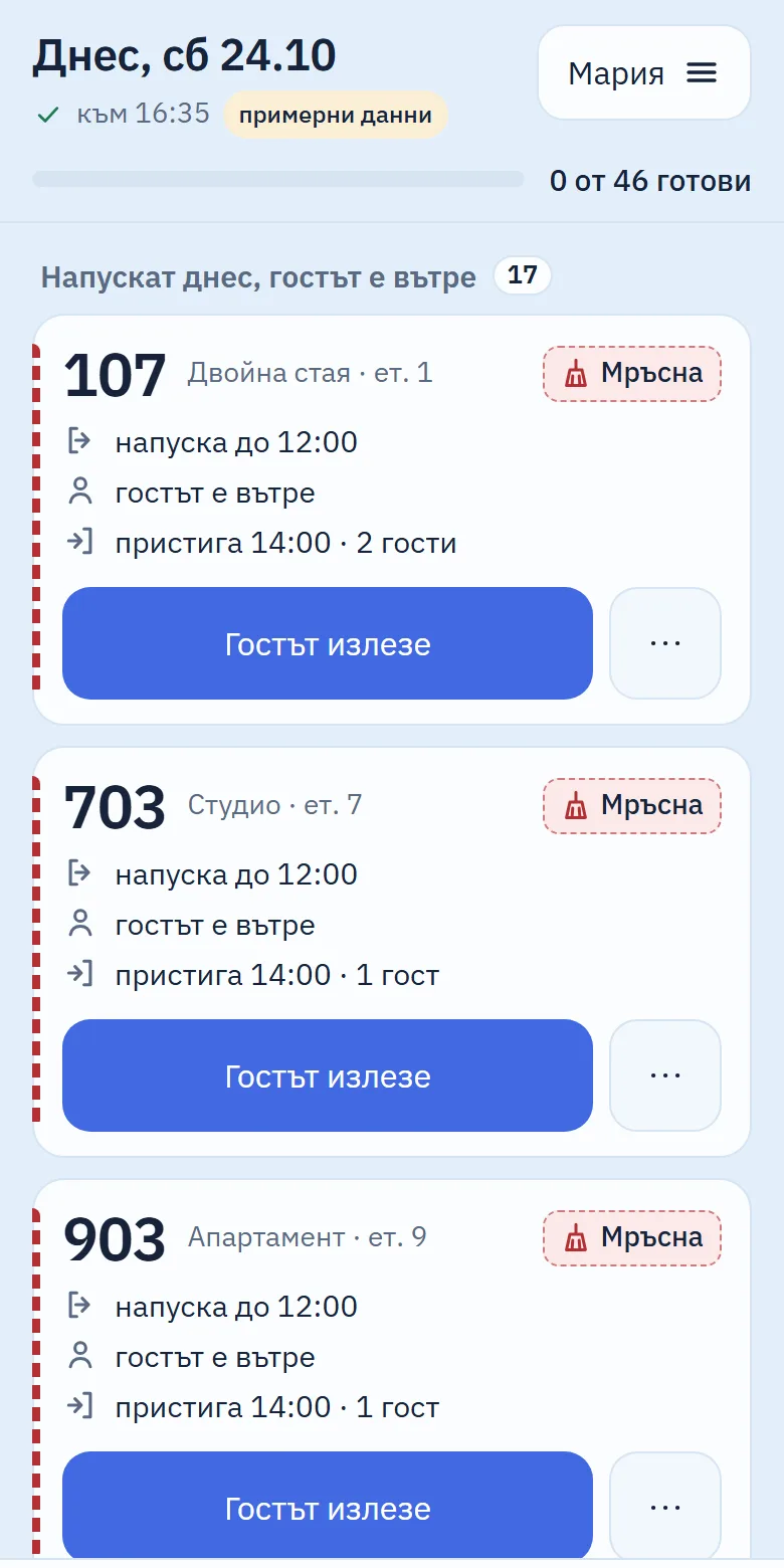 Телефонът на камериерката: стаите за почистване, без имена на гости.